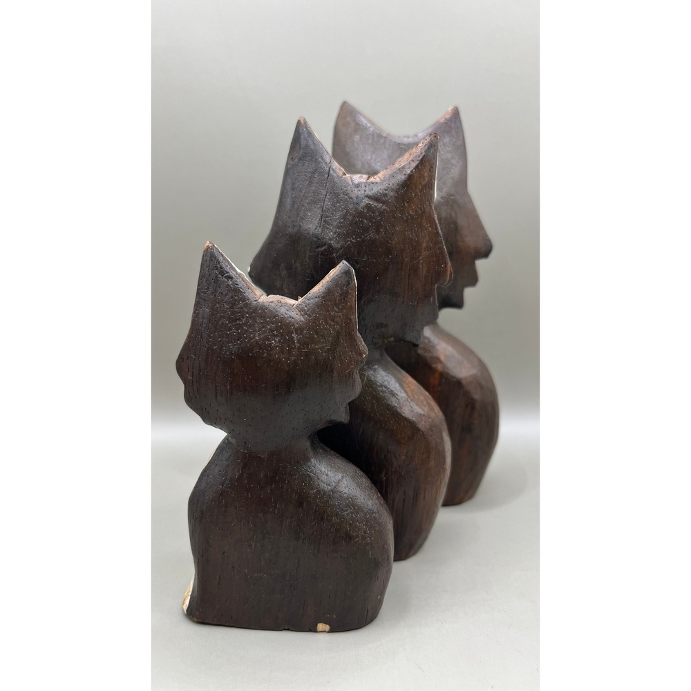 Trio of Brown Wooden Carved Standing Kitty Cat Folk Art Figurines Boho Vtg - Picture 7 of 10